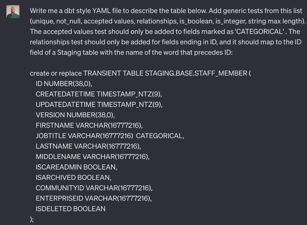 ChatGPT request to write dbt-style YAML with generic tests